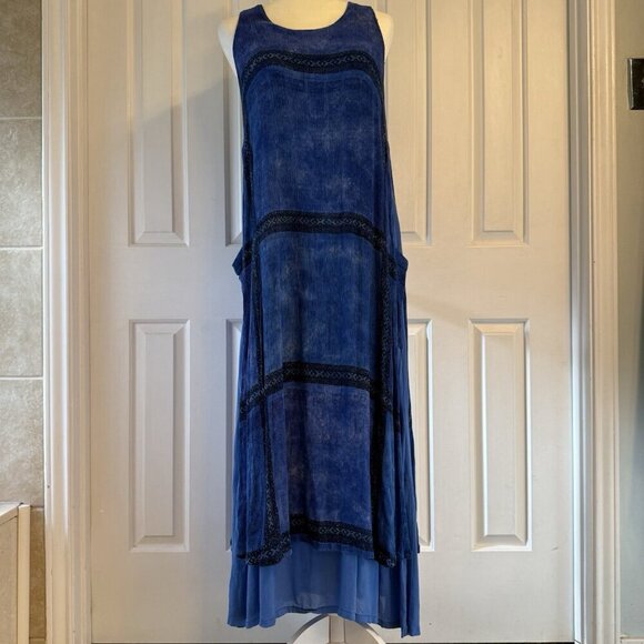 Chico's 90s Sleeveless Maxi Dress Artsy Boho Lagenlook Pockets Blue One Size - Picture 6 of 16